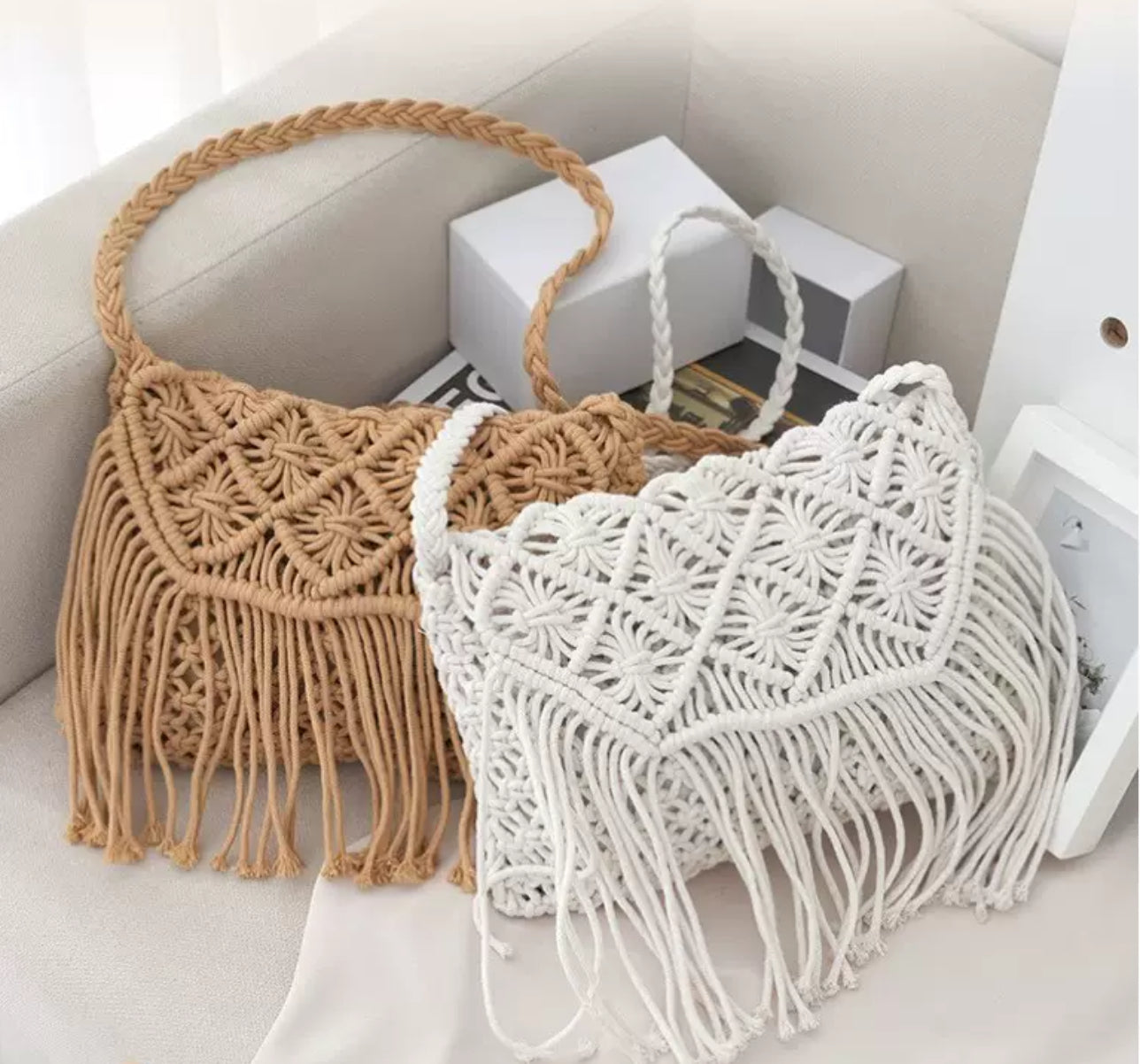 Macramé Fringe Shoulder Bag – Boho Woven Purse (Sand / Ivory)