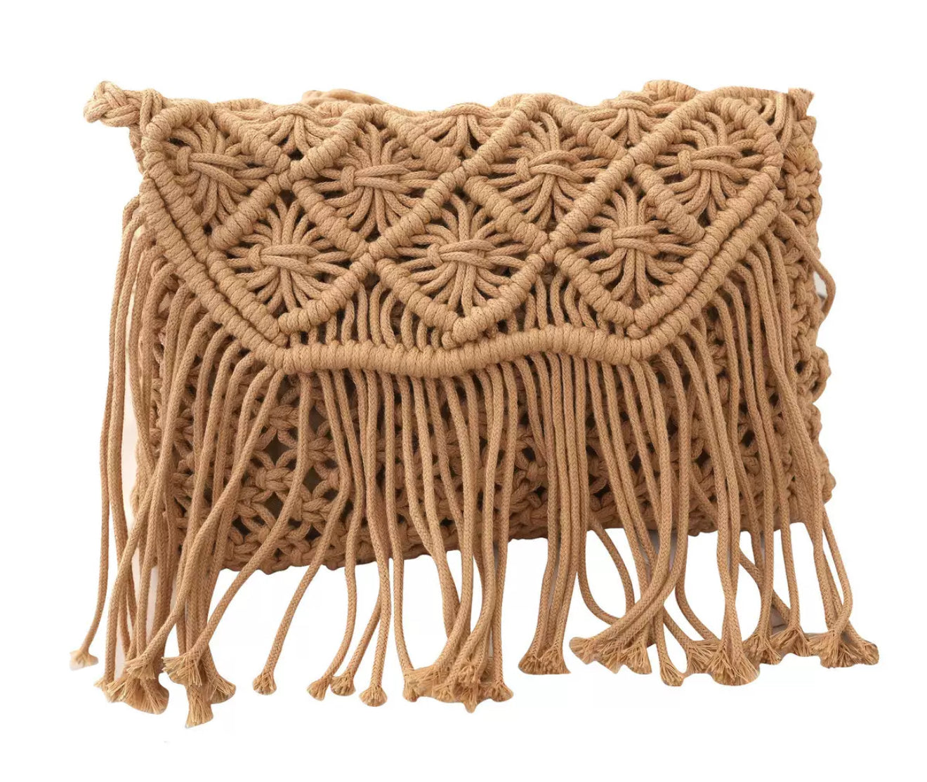 Macramé Fringe Shoulder Bag – Boho Woven Purse (Sand / Ivory)