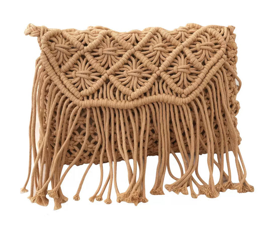 Macramé Fringe Shoulder Bag – Boho Woven Purse (Sand / Ivory)